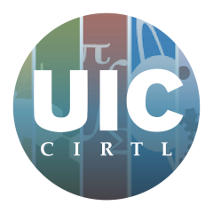 Round CIRTL@UIC logo with UIC bolded in white in the center and CIRTL in white below it with The CIRTL Network background faded as the background.