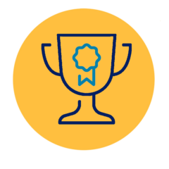 Line art of black trophy with blue award ribbon centered on a yellow circle