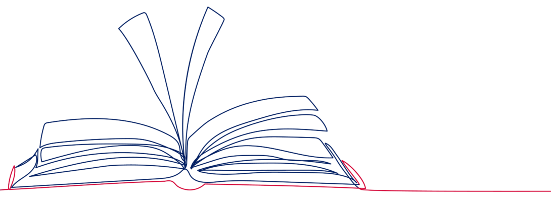 line art of open book with navy blue pages and red cover
