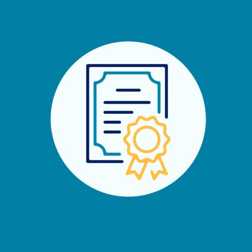 A white circle  on a teal background with a line art of a yellow ribbon on a white certificate paper
